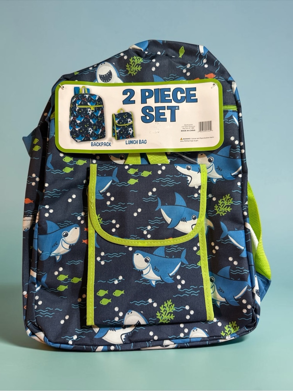 Kids Shark Backpack & Lunch Bag Set - Navy & Lime